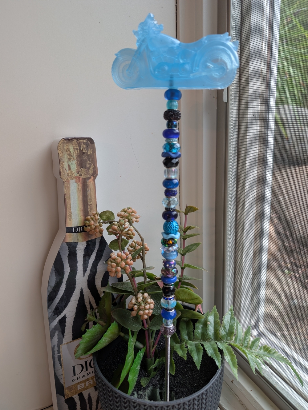 Hand Made Fairy Wand/Plant/Garden Stake W/Blue Resin Motorcycle Topper 🏍️